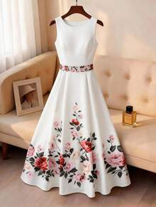 SHEIN Rosurelle Vestido midi de corte ajustado y acampanado con cuello redondo y estampado floral blanco, para uso casual, vacaciones, trayecto al trabajo, playa y eventos de boda - Multicolor - Ver 3
