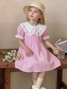 SHEIN Genkimix Kids 女童粉色條紋刺繡蕾絲飾邊彼得潘領短袖A字洋裝 返校季夏季秋季 - 粉色 - 查看 1