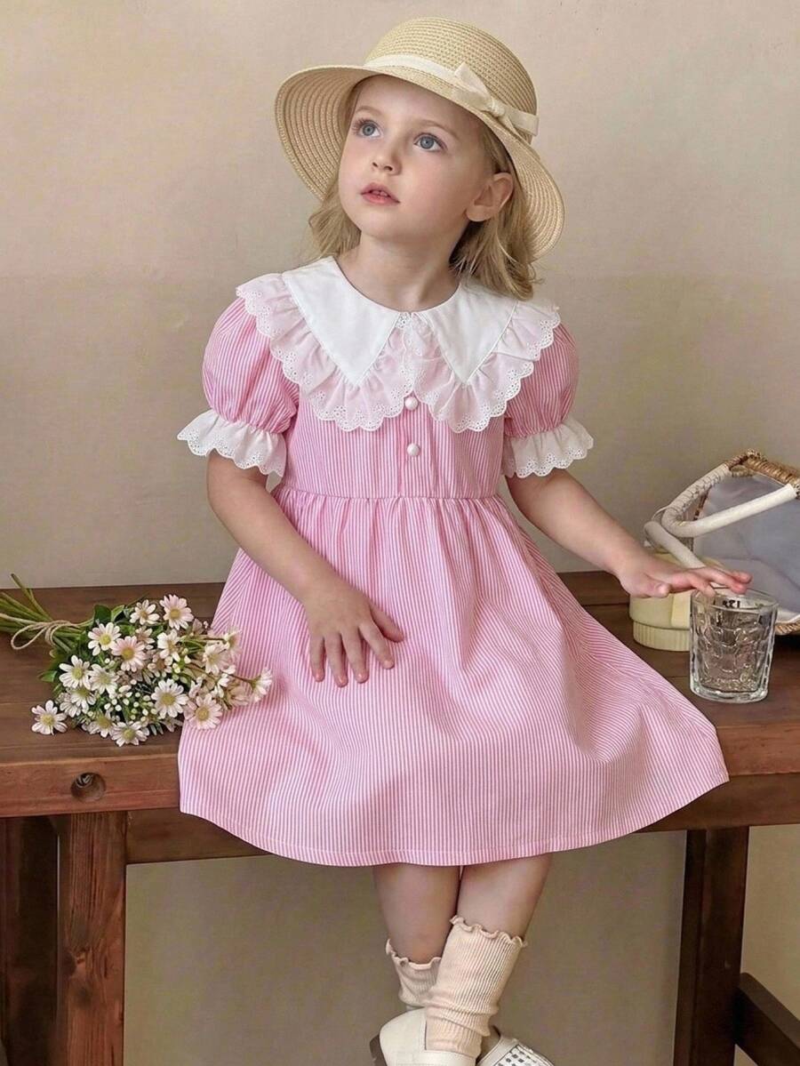 SHEIN Genkimix Kids 女童粉色條紋刺繡蕾絲飾邊彼得潘領短袖A字洋裝 返校季夏季秋季 - 粉色 - 查看 1
