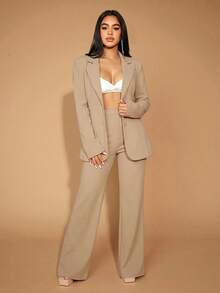 SHEIN SXY Pantalones de pierna acampanada de unicolor minimalista casual para mujer talla grande para oficina y desplazamientos - Caqui - Ver 5