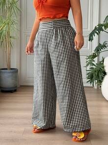 SHEIN EZwear 大码女式休闲度假通勤格子印花高腰宽松阔腿裤 - 黑與白 - 查看 3
