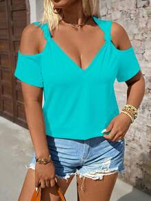 Breezaya Plus Size Summer Casual Solid Color Off-Shoulder T-Shirt - Blue - View 4