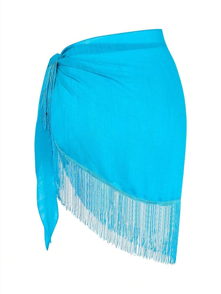 Swim Vcay Áo choàng ngoài nữ viền ren hoa, kiểu sarong thắt eo đi biển. - Xanh da trời - Xem 2