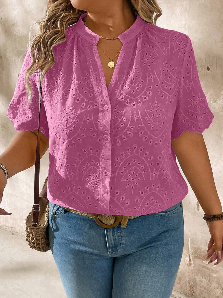 Momelise Camisa de tela con bordado y calado de manga corta para tallas grandes - Rosa - Añade 7