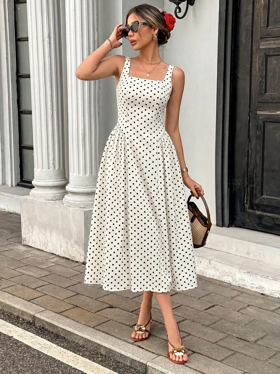 SHEIN PariChic French-Style Elegant Slim Silhouette Polka Dot Sleeveless Dress For Summer - Black and White - View 1