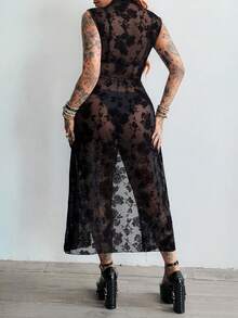 Whyspr Dark High Slit Sheer Long Black Asymmetrical Pattern Dress - Black - View 2
