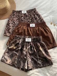 SHEIN EZwear 大尺碼豹紋素色迷彩樹枝印花牛仔休閒短褲3件組 - 棕色 - 查看 1