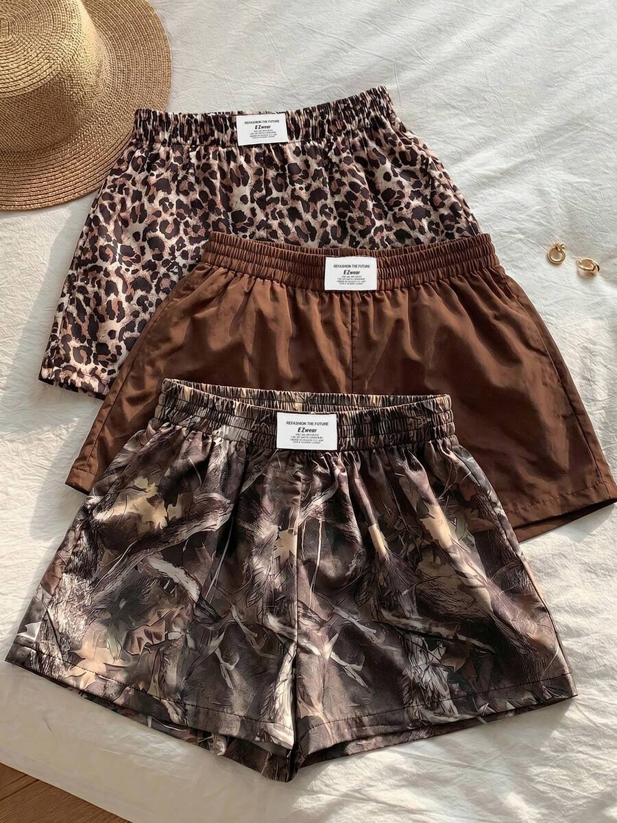 SHEIN EZwear 大尺碼豹紋素色迷彩樹枝印花牛仔休閒短褲3件組 - 棕色 - 查看 1