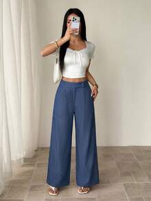 SHEIN PETITE 女款竹纖維面料腰前疊層扣飾設計優雅教師制服 專業休閒風，適合嬌小女性 - 霧霾藍 - 查看 4