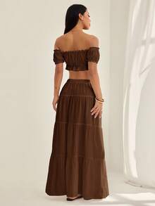 SHEIN PETITE Ruched Cropped Tie-Front Textured Off-Shoulder Top And Casual Skirt Set - Black - View 2