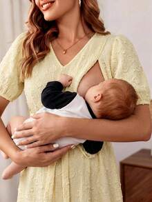 SHEIN 孕妇休闲纯色纹理短袖哺乳连衣裙 - 黃色 - 查看 3
