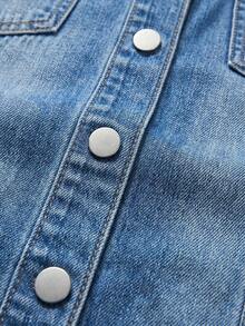 EMERY ROSE EMERY ROSE Plus Size Women's Rolled Hem Short Sleeve Single-Breasted Drawstring Waist Casual Denim Shirt,Light Wash Collared Roll Tab Sleeve Denim Shirt,Business - Blue - View 4