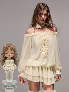 Sweetness Summer Vacation Music Festival Golf Outfit, Sweet Spicy Ruffle V-Neck Off Shoulder Chiffon Dress White Sexy - Beige - View 1