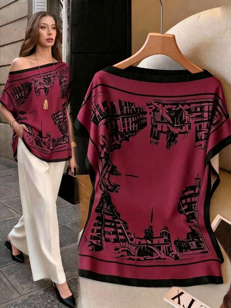 Flora Isola Flora Isola Spring/Summer New Elegant Casual Square Neck Batwing Sleeve Relaxed Fit Soft Texture Satin Sketch Style Architectural Print Design Blouse Burgundy - Red - View 5
