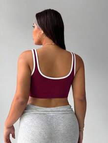 SHEIN Unity Plus Size Solid Color U-Neck Sports Tank Top With Fixed Shoulder Straps, Fine Ribbed, Casual Outerwear Sports Bra, Wire-Free, For Running, Yoga, White - Burgundy - View 2