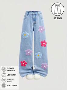 Girlism 青少年女孩時尚休閒 Y2K 復古酷街頭可愛彩色立體毛巾刺繡花卉圖案藍色寬鬆牛仔褲，適合日常穿著、春夏季 Rave 音樂節與街頭穿搭 - 藍色 - 查看 6