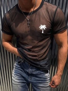 Gym Rark تي شيرت رياضي كاجوال شفاف للرجال برقبة دائرية وطبعة شجرة جوز الهند للارتداء اليومي - الأسود - مشاهدة 1