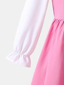 SHEIN 返校季女童粉色拼接白色中長洋裝，校服風粉色開學穿搭 - 粉色 - View 5