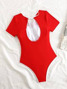 Swim SPRTY 女款拼色滾邊鏤空花瓣連身泳衣，夏季海灘運動泳裝 - 紅色 - 查看 3