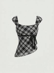 SHEIN MOD Women's Low Neck Top With Bow Ribbon Decor, Asymmetrical Diagonal Hem And Contrast Color Wavy Edge - Black - View 6