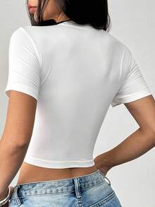 Rovax Women's Casual Slogan Print Round Neck Crop Top, Spring/Summer - White - View 2