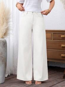 EMERY ROSE Plus Size Women's Loose Casual Denim Wide Leg Pants With Pockets - White - View 1