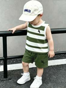 SHEIN Playful Pals 2pcs/Set Young Boy Casual Minimalist Striped Logo Print Tank Top And Logo Print Shorts, Suitable For Summer Outings - Multicolor - View 3