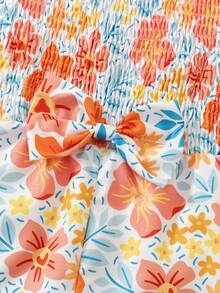 SHEIN Vintaside Kids Girls' Colorful Floral Flutter Sleeve Romper, Children's Floral Bow Romper, Soft And Cute, Versatile For Various Occasions. - Orange - View 7