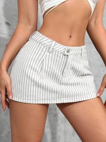 SHEIN Tall 夏季休閒條紋迷你牛仔裙 - 白色 - 查看 6