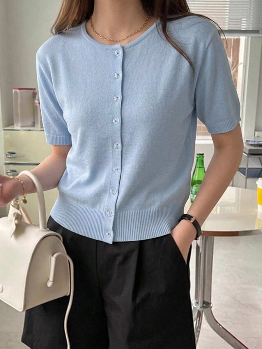 DAZY 夏季休閒純色短袖開襟衫 - 藍色 - 查看 1