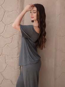 Duda Rubert Women's Summer Minimalist Streetwear Basic Going Out Sport Comfortable Off Shoulder T-Shirt And Wide Leg Sweatpants Two Pieces Outfits Elegant - Dark Grey - View 4