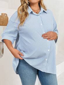 Plussiva Top Casual Listrada Plus Size para Gestantes - Azul - Visão 1
