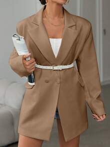 SHEIN Plus Size Women Solid Color Lapel NeckLong Sleeve Casual Loose Blazer - Beige - View 5