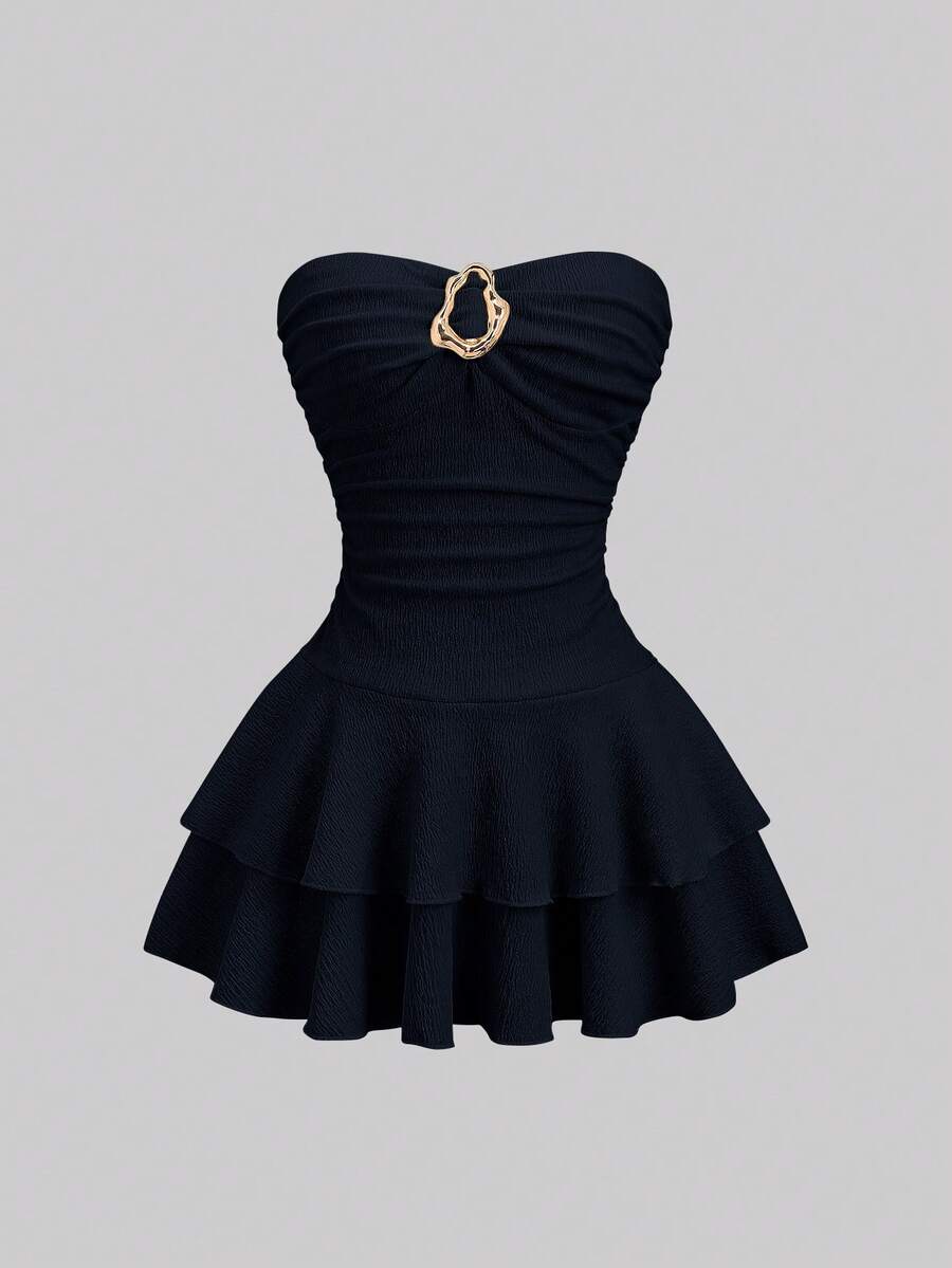Sweetra Women's Elegant Strapless Double Layer Ruffle Mini Dress - Navy Blue - View 1