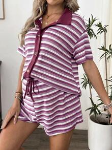 SHEIN 孕婦兩件套 短袖漸層條紋上衣與彈性腰綁帶短褲 - 紫色 - 查看 3