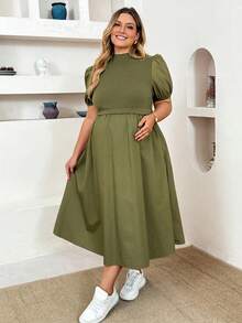 Plussiva Plus Size Maternity Vacation Textured Pleated Puff Sleeve Fashion Dress Photoshoot Summer Elegant Casual Baby Shower - Army Green - View 9