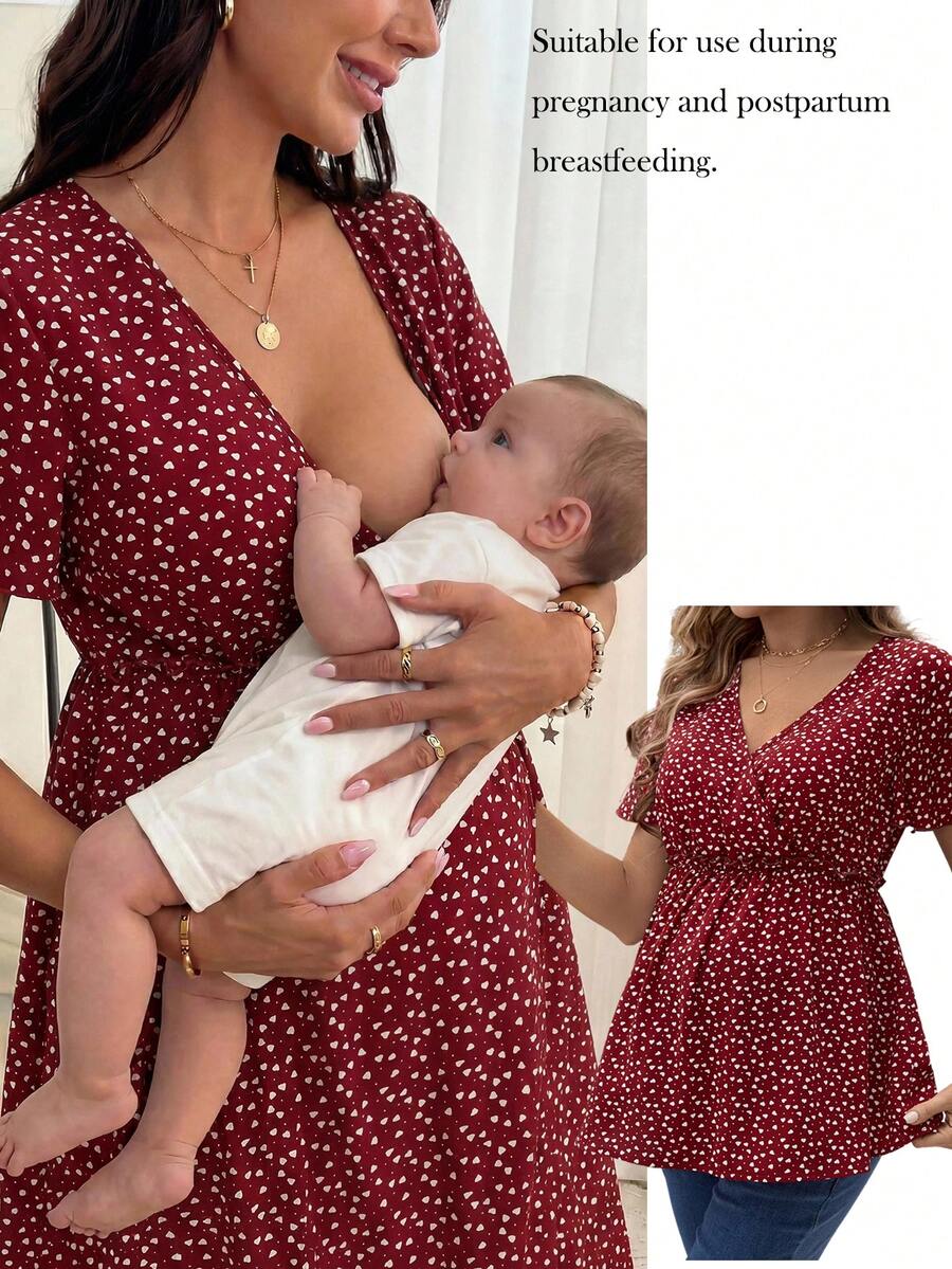 SHEIN 孕婦哺乳服花卉印花v領襯衫 - 紅色 - 查看 1