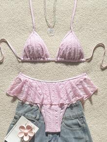 Swim Mod 2pcs Solid Color Minimalist Sexy Spaghetti Strap Halter Triangle Bikini Top And Wavy Edge Triangle Bikini Bottom Set - Pink - View 4