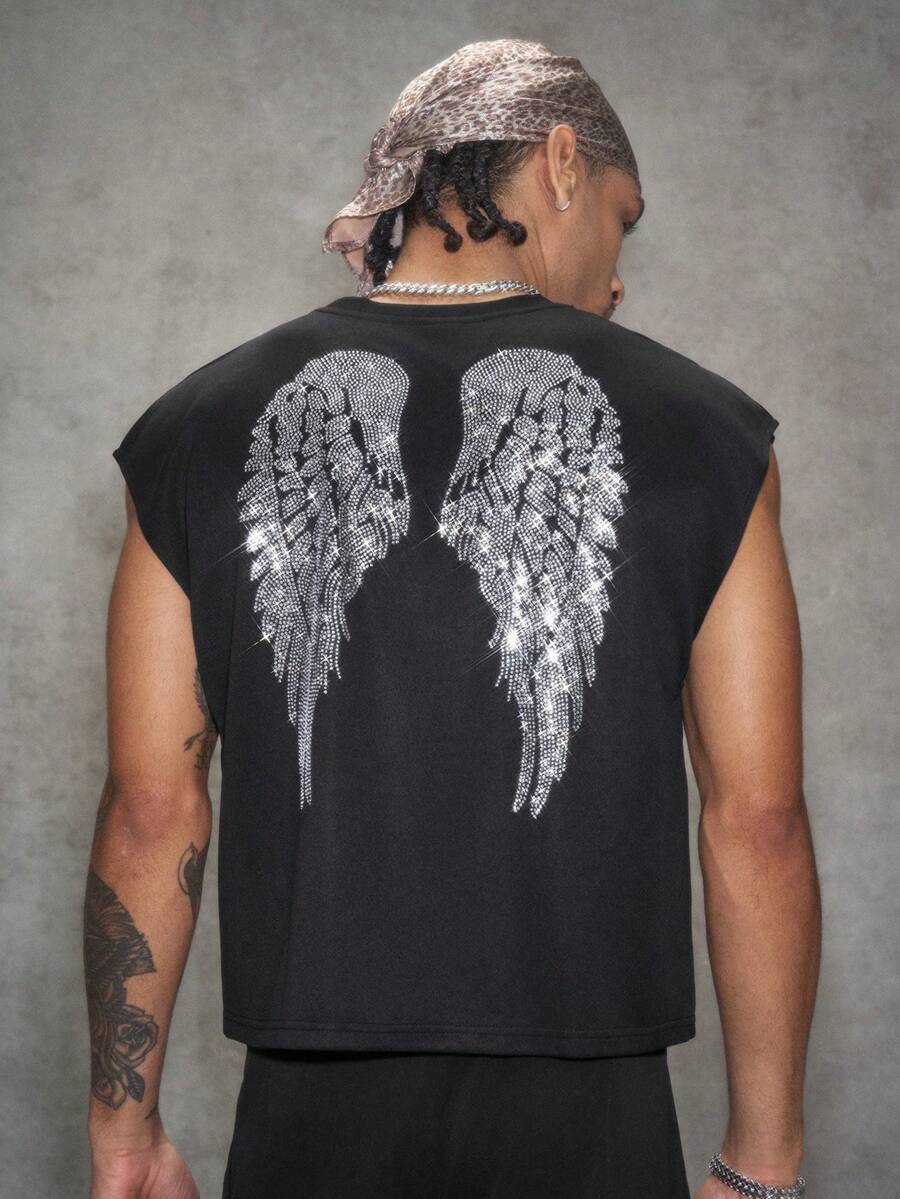 PAVTROS Men's Hip Hop Letter Print Rhinestone Back Crew Neck Tank Top