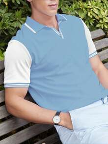 Manfinity Homme Camisa polo casual de verano con bloques de color y patchwork para hombre talla grande - Neblina azul - Ver 4