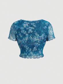 SHEIN MOD 大尺碼女款短袖花卉領結T恤 - 霧霾藍 - 查看 2
