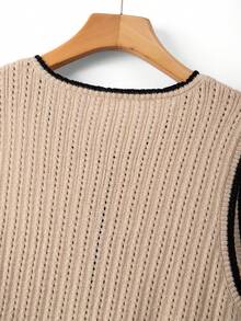 GlowEve CURVE Plus Size Elegant Hollow Out Contrast Color Button Round Neck Sleeveless Cardigan - Apricot - View 6