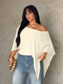 Rustia Plus Size Women's Solid Color Asymmetrical Shoulder Casual Versatile Everyday T-Shirt - Apricot - View 4