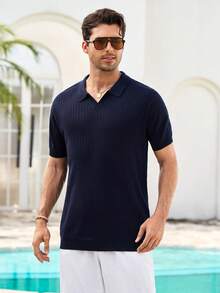 Mercer Haus Men's Ribbed Airplane Collar Polo Knit Shirt, Short Sleeve, Summer Fashion - Navy Blue - View 5