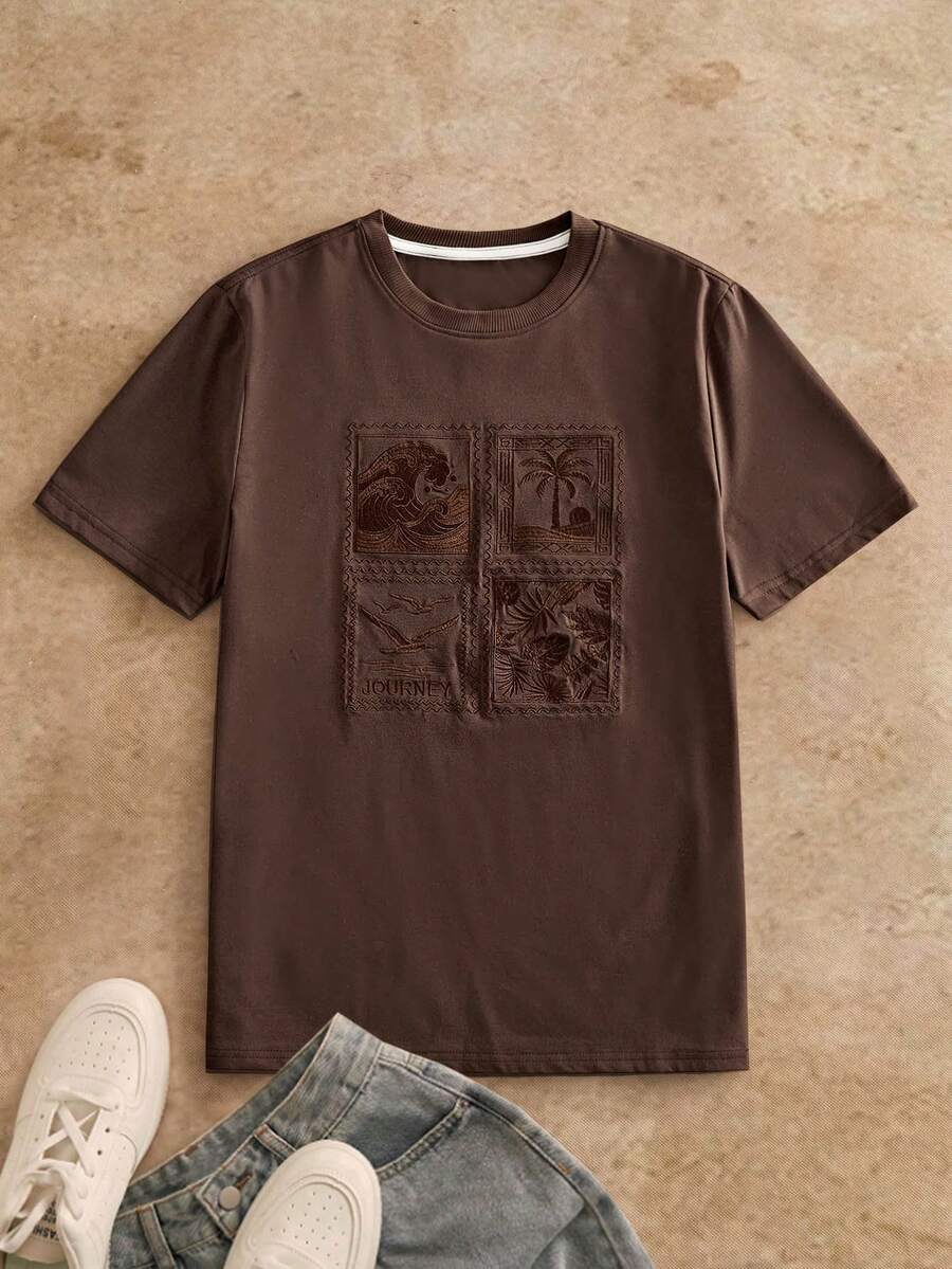 HIMLAND 男士棕櫚樹刺繡圓領休閒短袖T恤 - 棕色 - 查看 1