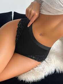 Seduluxe 1pc Women Lace Insert Thong Panties, Black - Black - View 5