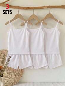 SHEIN Young Girls Random: 8 Pcs 6 Pcs Send Casual Minimalist Slim Fit Camisole Top & Shorts Set Suitable For Summer 6-Piece Set RANDOM 4 SETS Send 3 Set - White - View 7