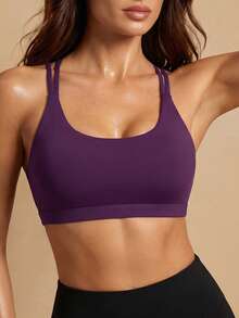 Silquee Women Plain Hollow Simple Sports Bralette, Casual Everyday Wear - Violet Purple - View 3