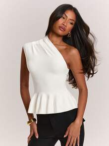 SHEIN BAE Asymmetrical Shoulder Waist-Defining Elegant Slim Fit Women's Sweater - Beige - View 5