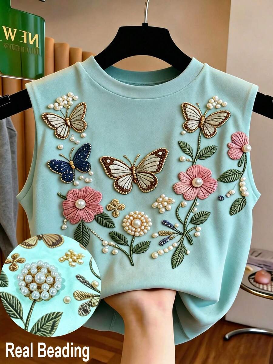 SHEIN Clasi 女款淺藍色圓領無袖背心上衣 夏季蝴蝶花卉珠飾刺繡珍珠細節 優雅仙氣休閒度假外出穿搭 - 薄荷綠 - 查看 1